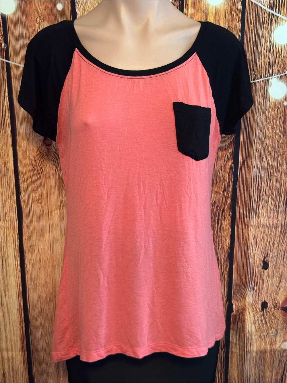 Soft Flowy Coral and Black Pocket Raglan Tee